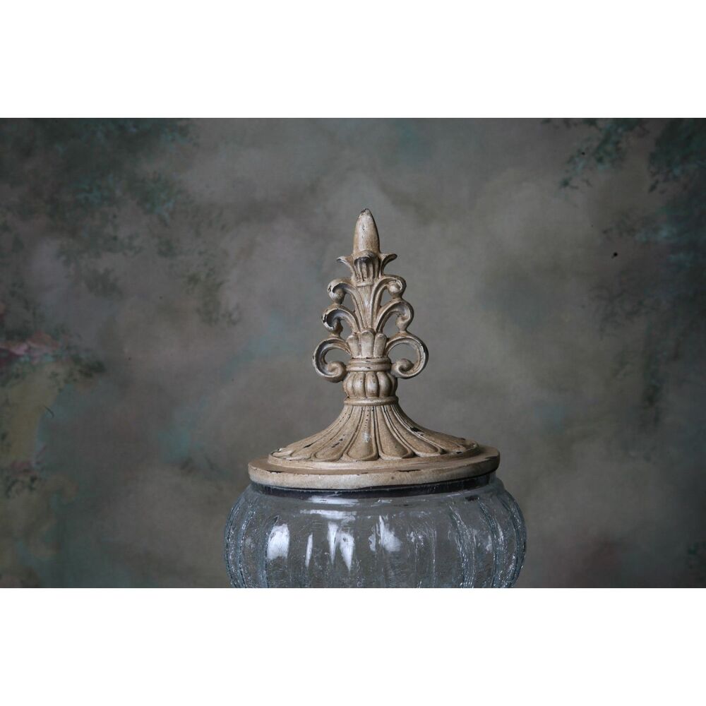 Decorative Crackle Glass Jar With Fleur-de-lis Lid Metal Work Aged - Picture 3 of 9